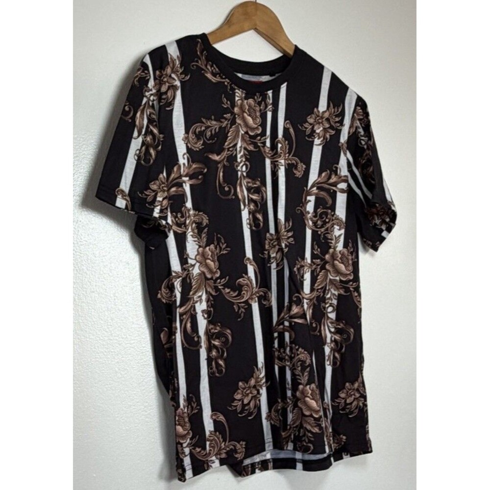 Guess Baroque Floral Striped T-Shirt Black Brown Size Large - Picture 10 of 10